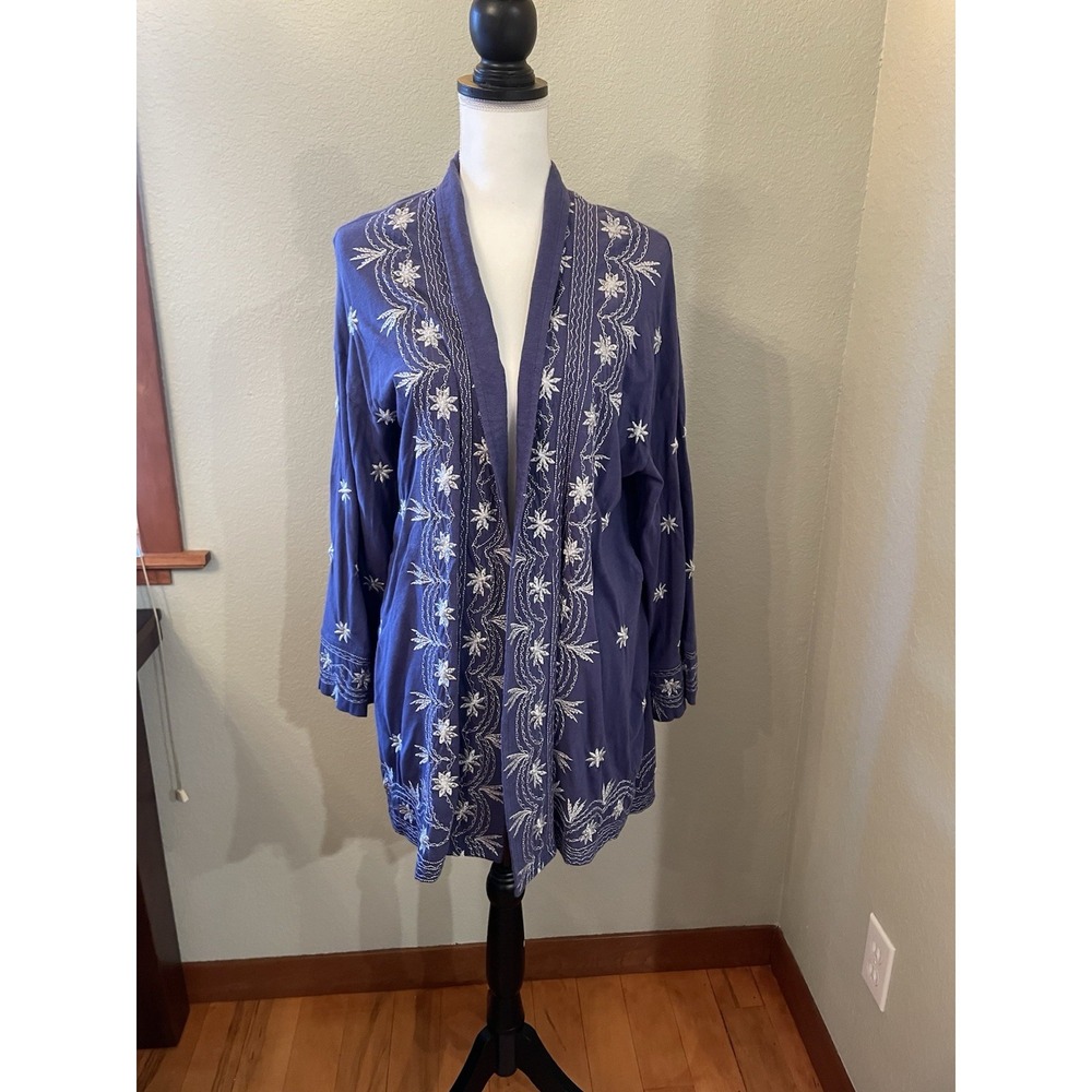 Soft Surroundings Cardigan Women's S/M Blue Embroidered Open Front Small Medium